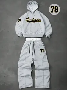 Men's two-piece tracksuit: includes a hooded sweatshirt and drawstring trousers, featuring letter and number patterns, perfect for autumn and winter wear, Hoodie Sweatshirt Set