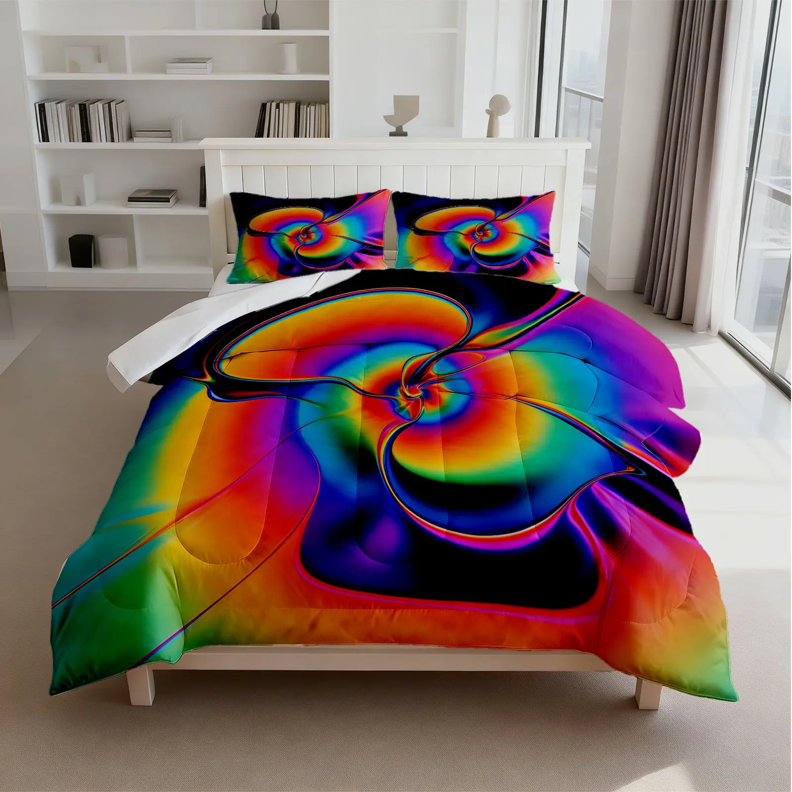 2/3PCS Nordic Psychedelic Rainbow Comforter Set, Soft Microfiber Bedding with Filler, No Pillow Inserts, for Bedroom Dorm Decor & Gift
