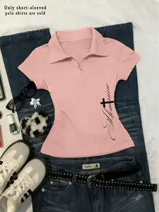 Women's Vintage Polo Shirt, Slim Fit Short Sleeve V-Neck Top, Casual Summer Wear, Stylish Women's Clothing, Womenswear for Daily Use