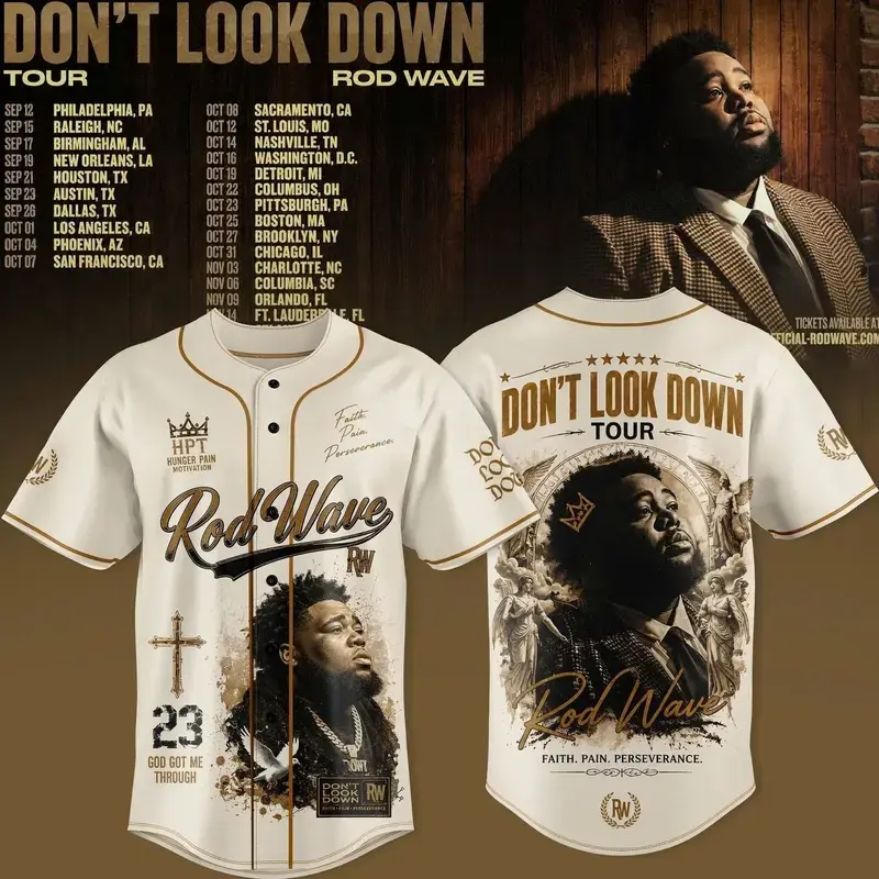 "Don't Look Down" Rod Wave Tour 2026 Baseball Jersey, Concert Fan Button Up Shirt, Music Fan Apparel, Unisex Sports Jersey, Gift for Men and Women