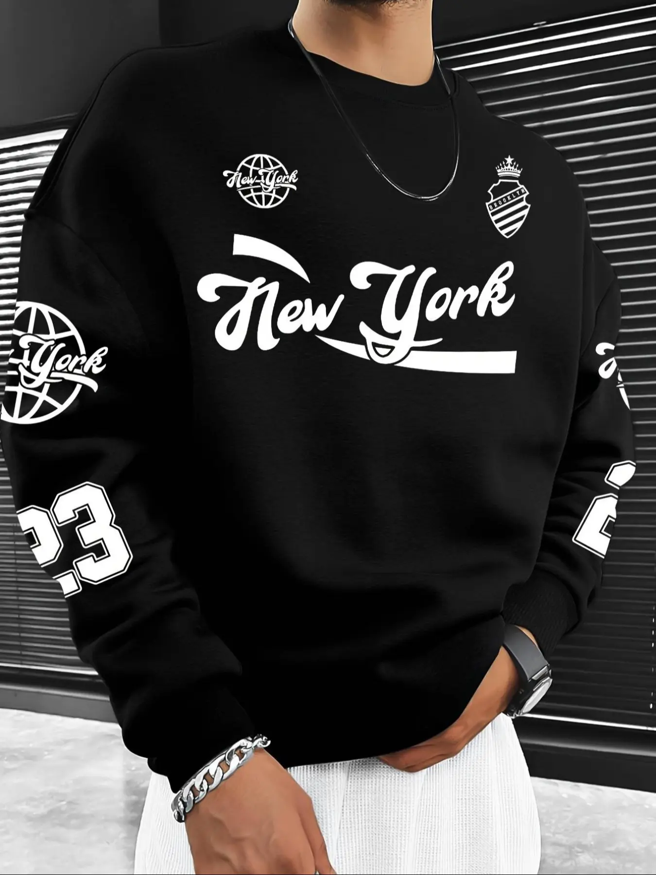 Men's Hot Selling Letter Number Print Graphic Streetwear Clothing Fleece Pullover Sweatshirt, Casual Fall & Winter Round Neck Long Sleeve Top, Thick Fabric, Fitted Style