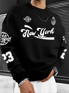Men's Hot Selling Letter Number Print Knitted Fleece Pullover Sweatshirt, Casual Fall & Winter Round Neck Top, Thick Fabric, Fitted Style, Long Sleeve, Casual Fashion Knitwear, Knitted Clothes