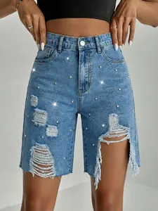 Y2K Sparkle Ripped Fitted Button Denim Shorts, Trendy Distressed Jeans for Women, Casual Summer Fashion, Comfortable and Stylish