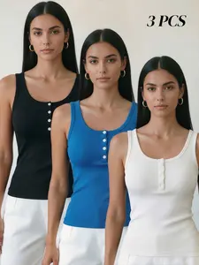 3-Pack Women's Spring Summer Round Neck Button Striped Sleeveless Top, Front Button Design, Knitted Slim Fit Tank Tops, Casual Daily Wear