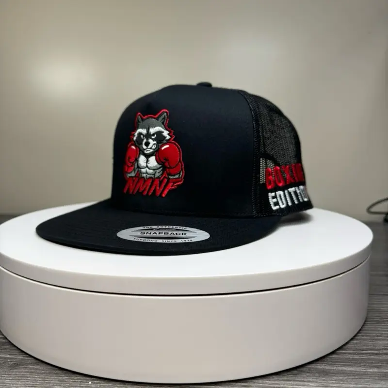 La Gorra del Mapache with Red Gloves - Black Snapback Hat Featuring Boxing Theme Design