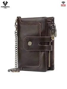 HUMERPAUL Men's Coin Purse Casual Fashion Card Holder Multi-Card Slots, Dual-Fold Wallet with Chain, Easy Carry Zipper Bag Bifold Leather Wallet Bp778