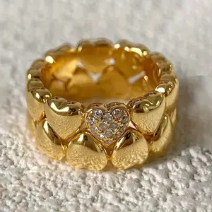 Vintage Cubic Zirconia Heart Golden Ring, Double Layered Heart-shaped Stacked Ring Girl Daily Casual As A Gift, or For Parties High Quality Fine Women's Jewelry