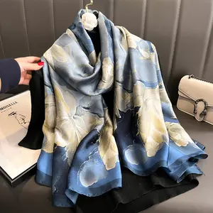 Spring and Summer Thin Silk Scarf with High-End Feel Printed Long Scarf New Satin Travel Sunscreen Shawl Ethnic Style Shawl