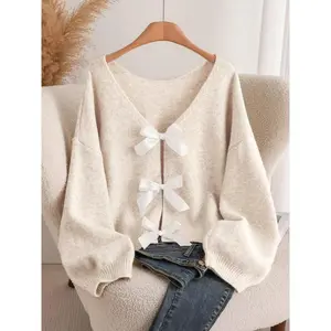 Plus Size Women's Fashion Bow Accent Comfortable Versatile Knitted Sweater For Autumn/Winter