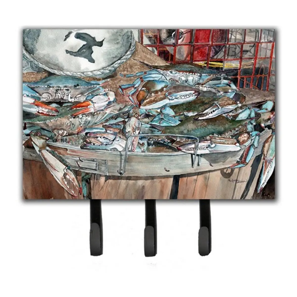 Metal Crab Basket Wall Mount Hook - Hardboard Home Decor, Multiple Hooks for Key Leash Storage