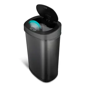 NINESTARS DZT-50-9BK Automatic Touchless Infrared Motion Sensor Trash Can, 13.2 Gal 50L, Black Matte Steel Base Oval Black Lid, Fingerprint Proof, Durable