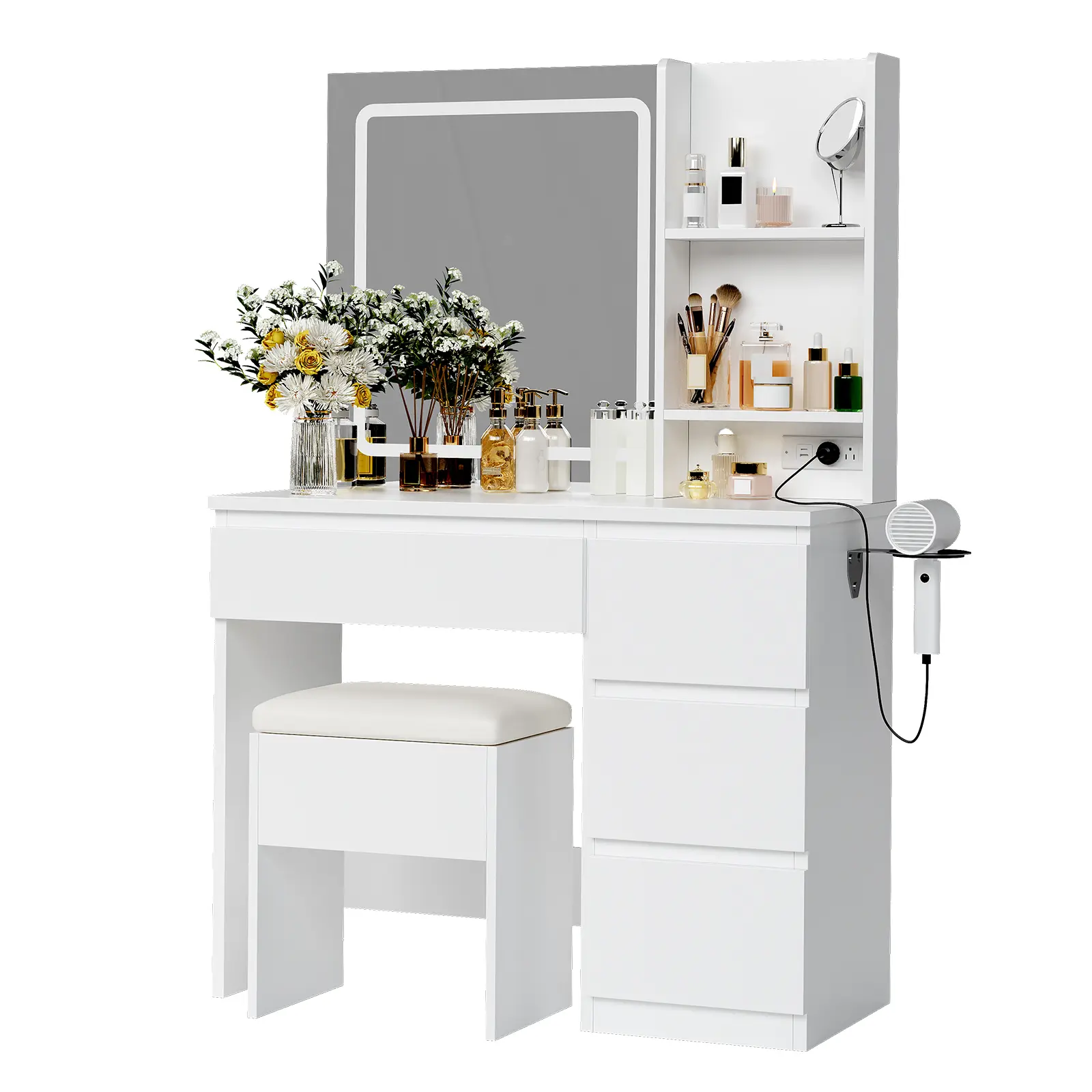 With Storage Stool, 4 Drawers, Storage Shelves & Power Outlet – Makeup Vanity Desk with Lighted Mirror and 3 Adjustable Lighting Colors – Dressing Table Set for Bedroom.