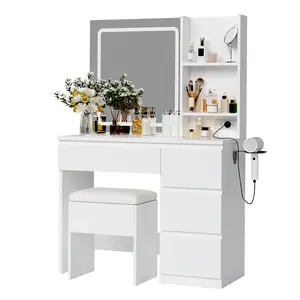 With Storage Stool, 4 Drawers, Storage Shelves & Power Outlet – Makeup Vanity Desk with Lighted Mirror and 3 Adjustable Lighting Colors – Dressing Table Set for Bedroom.