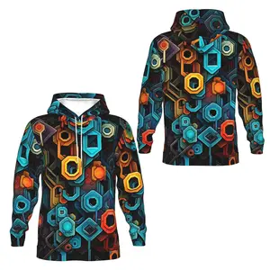 【Neon Geometric Hexagon Tech Hoodie】Vibrant Futuristic Print Top | Men/Women Oversized Stylish Streetwear | Multi-Color Hex Base & Interlocking Geometric Graphic Hoodie | Trendy Cyber Tech Daily Fashion