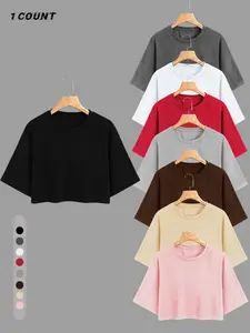 Women's Solid Color Heart Print Round Neck Crop Tee, Casual Short Sleeve Crew Neck T-shirt for Daily Wear, Ladies Clothes for Summer