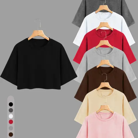Women's Solid Color Heart Print Round Neck Crop Tee, Casual Basic Short Sleeve Crew Neck T-shirt for Daily Wear, Ladies Clothes for Summer, Top, Casual Tops
