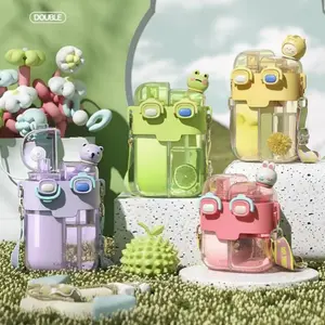 Large capacity cup with separate compartments, dual drinking cups, cute cartoon straw cups，Vacuum cup，water bottle，mug Frogs, bears, rabbits design Drinkware Kids