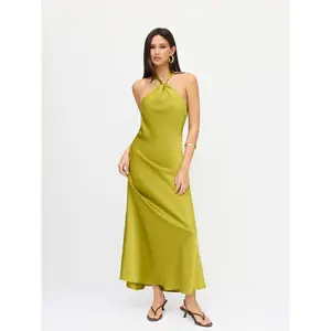 Cider Women's Satin Halter-Neck Backless Maxi Dress with Metal Details