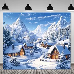 Rustic Polyester Christmas Wall Hanging Backdrop Banner - 1pc, Snowy Village & Forest Scene, Featherless, No Electricity Needed, Versatile Home & Party Decoration Supplies