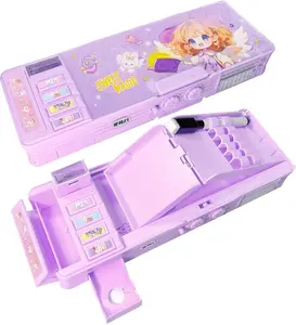 Pop Up Multifunction Pencil Case for Girls and Boys, Cute Cartoon Pen Box Organizer Stationery, Sharpener, Schedule, Whiteboard, School Supplies, Best Gifts for Kids (Purple)