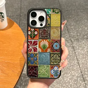 Magnetic Smartphone Cover for iPhone 11/12/13/14/15/16/17 Pro Max - Vintage Floral Tiles Collage Design, MagSafe-Ready, Anti-Fall, Ultra-Thin TPU Casing, Waterproof Cellphone Protection Accessory