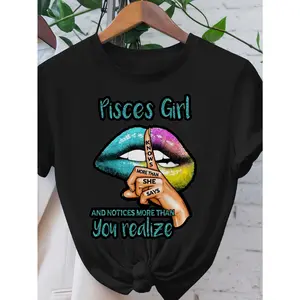Casual Short-Sleeved T-Shirt for Women Featuring a Black Pisces Design, Watercolor Lips, And Zodiac Symbols. It Has a Round Neck, a Loose Fit, Is Machine Washable