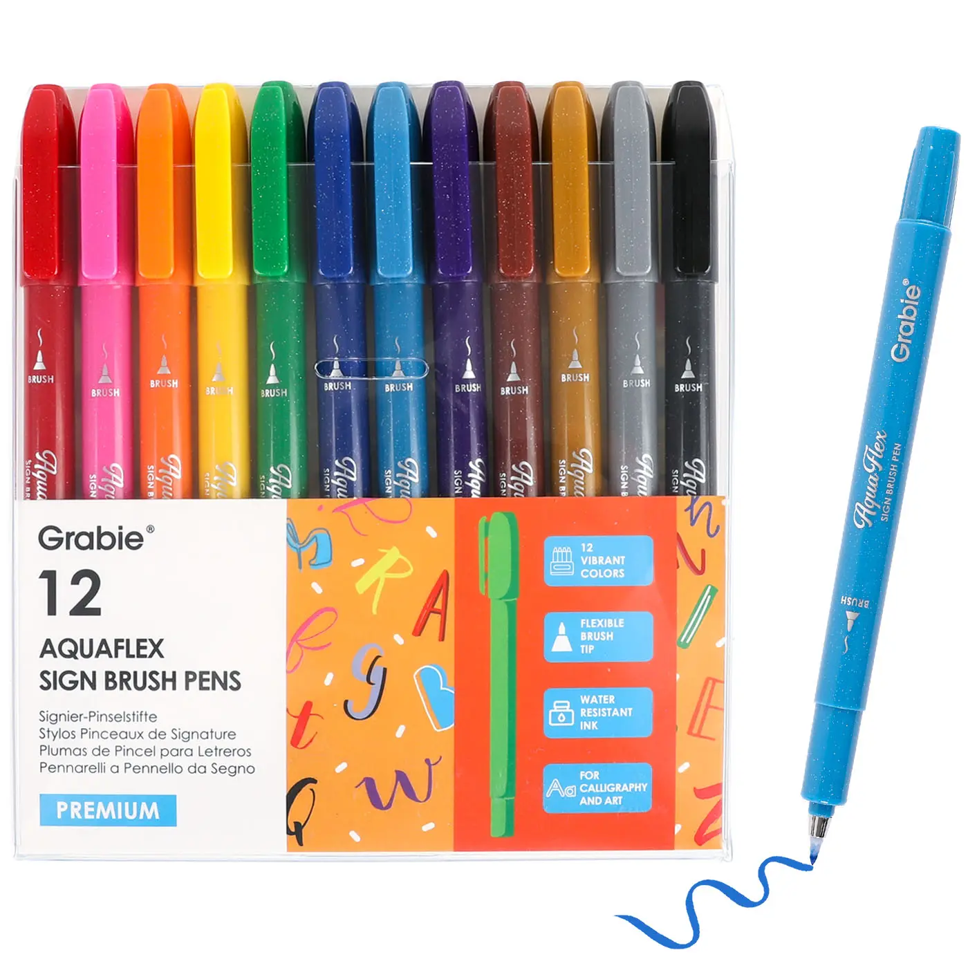 Grabie AquaFlex Sign Brush Pen Set - 12 Vibrant Colors Art Pens, Archival Quality for Calligraphy & Illustration, Back to School, Class Reward Gift Idea, School Supplies