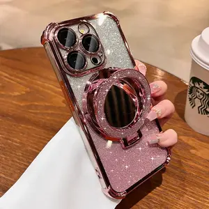 Luxury Rhinestone Bling iPhone 12-17 Pro Max Case with Mirror Stand & Tempered Glass, Fashionable Glitter Cover, Heavy Duty Shockproof & Anti-Scratch Protective Phone Case
