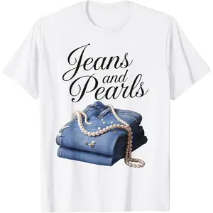 Jeans And Pearls Graphic Tee Vintage Script Denim And Pearl Print Casual Oversized Short Sleeve Crewneck Streetwear Everyday Outfit