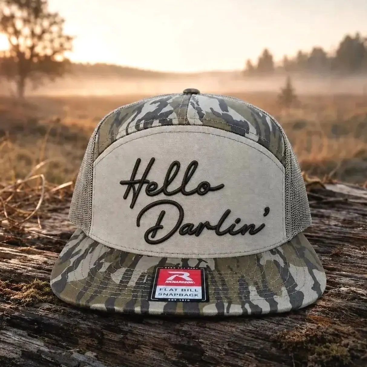 Hello Darlin Embroidered Trucker Hat, Camo Brim Snapback Cap, Outdoor Hunting Style Hat, Western Country Gift