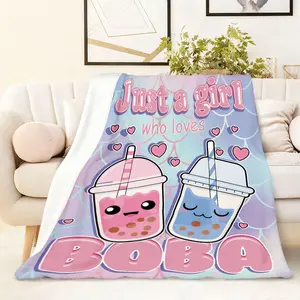 Cute Cartoon Boba Milk Tea Printed Blanket 270g Thick Warm Flannel Throw Blanket for Bedroom Living Room Sofa Air Conditioning Blanket Student Dormitory Nap Blanket Autumn Winter Warm Blanket Girl Gif