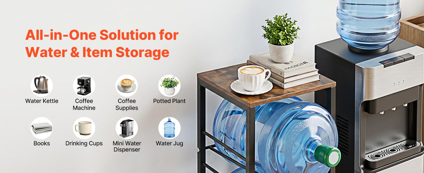 【summerfinds】VEVOR Water Jug Holder, 4 Tiers 3 and 5 Gallon Water Bottle Holder for 3 Bottles, Heavy Duty Jug Rack Organizer with Storage Shelf and Casters, for Kitchen, Office, Living Room, Black and Brown