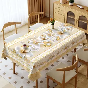 1 Piece Rectangular Polyester Tablecloth, Multi - Specs & Colors, Waterproof, Oil - Proof, Thickened, Washable, Ideal for Home & Outdoor Use, Cream - Colored with White Flowers & Golden Patterns, Enhancing Warm Elegant Dining Atmosphere