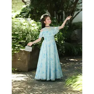 ERT-Elegant Off-Shoulder Floral Long Dress - Sweet Blue Blossom Ruffle Trim, Flowing Summer Princess Gown for Youngsters, Casual Polyester Outfit with White Shoes, Princess Dress Vintage Girly Clothes