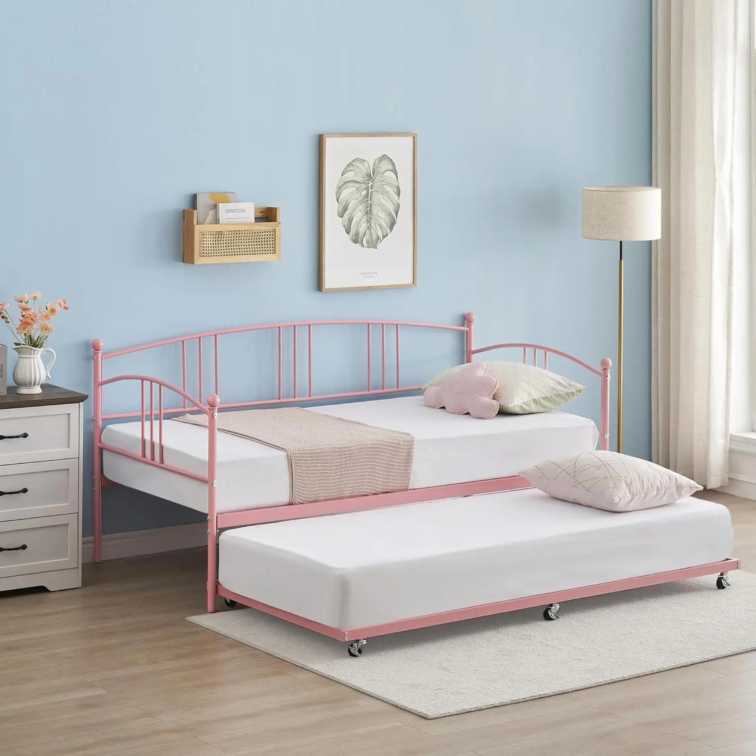 Contemporary Twin Metal Daybed with Pull-Out Trundle Bed, Arched Headboard, Steel Slat Support, No Box Spring Needed, Easy Setup & Assembly Required, Pink Indoor Furniture for Living Room, Guest Room