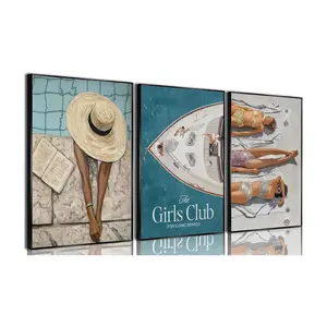 3pcs/set Coastal Girls Canvas Wall Art Women Club Swimming Pool Fashion Beach Pictures Wall Decor Yacht blue Ocean Bikini Posters Prints for Girl Room Apartment Bedroom Living Decoration Unframed
