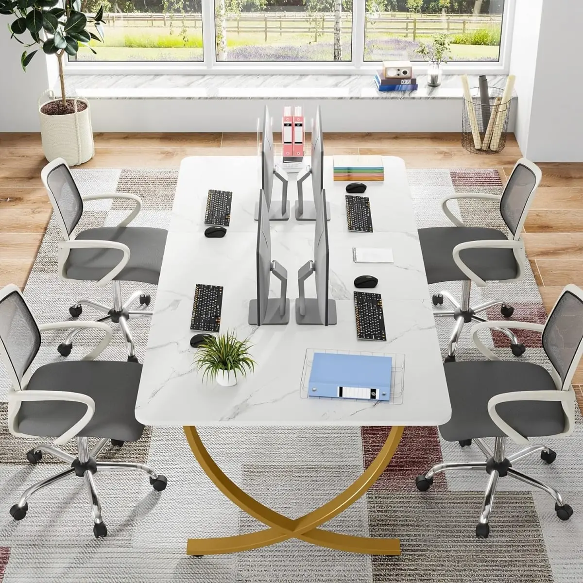212 MAIN 63 in. Modern Executive Office Desk - White & Gold Commercial Office Furniture with Faux Marble Look Tabletop, High Gloss Surface, Metal Frame