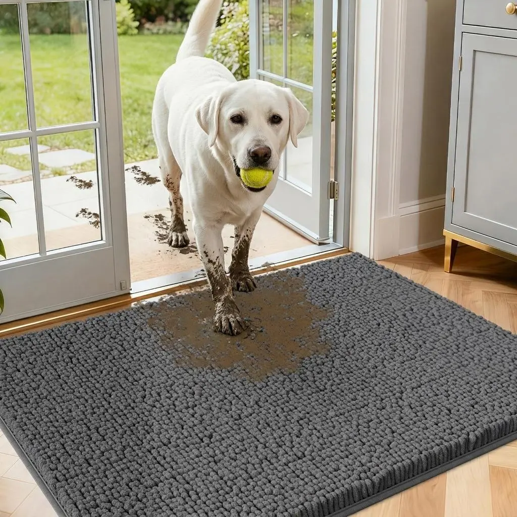 Comfydew Chenille Dog Door Mat Carpet - Absorbent, Non-Slip Indoor Homey Bath Mat, Soft Heavy Entryway Rug for Muddy-Pawed Dogs, Homey Bath Mats