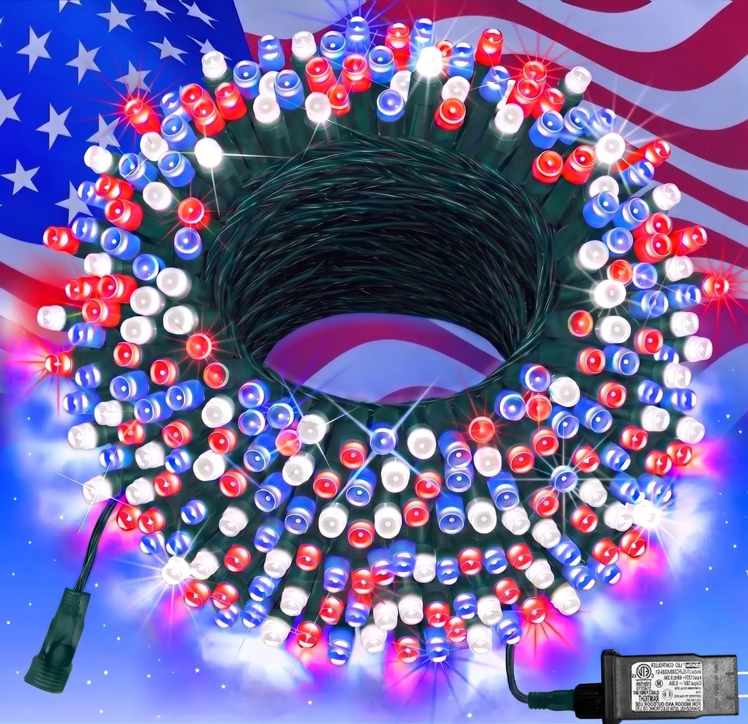 200 LED 66 FT 4th of July Decoration Lights, Red White Blue Lights Patriotic String Lights, Outdoor Independence Day Fairy Lights 8 Modes Connectable for Home Yard Patio Decoration, Green Wire