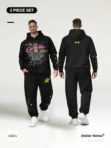 Men Women Streetwear Spider Web Star Letter Print 「2-Piece Set」Hoodie & Fleece Jogger Pants Set, Loose Fit Casual, Sportswear, Sports Clothing Set, Sweatsuit Set Outfit, Athletic Tracksuit Set