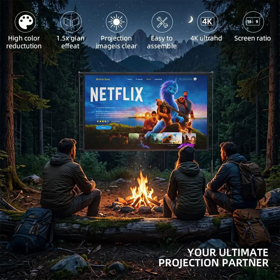 Portable projection screen with stand for outdoor use: 100-inch 4K movie screen suitable for home backyards and indoors, 16:9 HD night view.