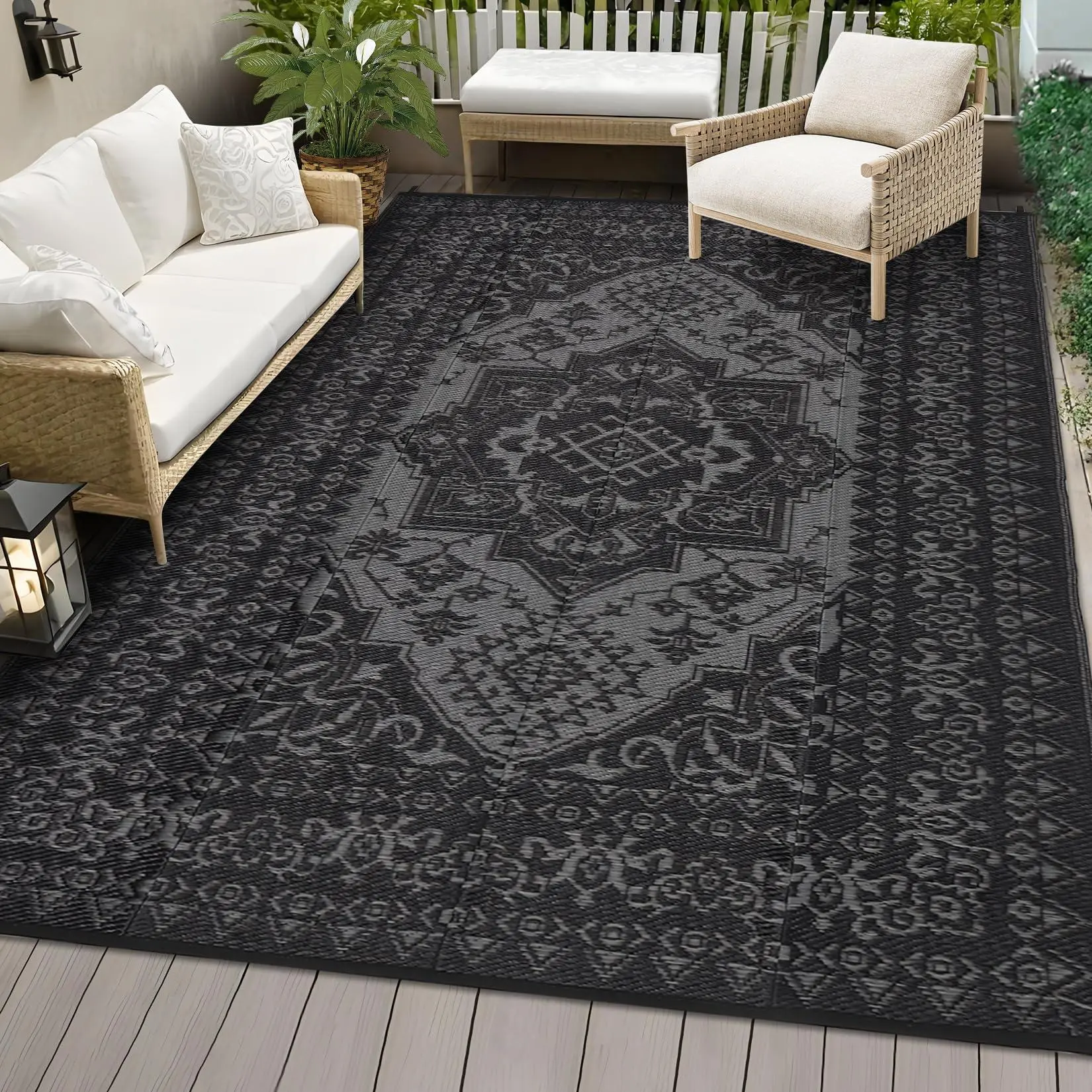 Gaomon 9x12 Outdoor Patio Rug - Waterproof Polypropylene Straw Mat, Reversible Foldable Portable Vintage Medallion Boho Rug with Stakes for Deck, Camping, Black&Grey (Indoor/Outdoor Use for Balcony)