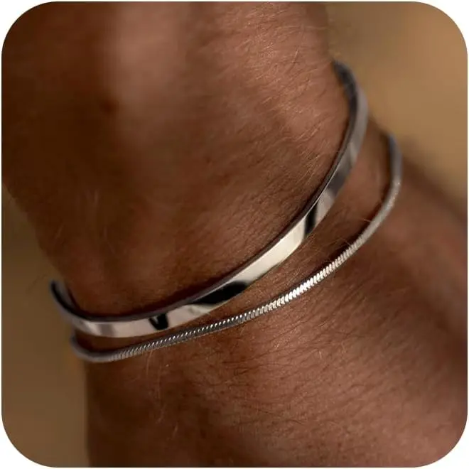 Stackable Bracelets for Men - Dainty 925 Sterling Silver/14K Gold Plated Cuff Snake Box Cuban Link Chain Bangle Bracelet Set Mens Jewelry
