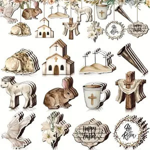 Vintage Easter Tree Decorations Set, Wooden Hanging Ornaments with Cross Rabbit Egg Design, Home Party Decoration, Decorations Supplies, 12/24/36 Pieces