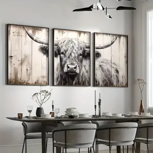 3 Pieces Optional Wooden Frame Retro Highland Cow Canvas Painting Wall Art Oversized Rustic Farmhouse Animal Print Painting Black White Ink Living Room Sofa Background Mural HD Giclee Wall Poster Color Accurate Reproduction Hanging Painting