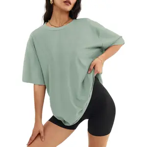 Women's Oversized Crewneck T-Shirt - Baggy, Casual Cotton Mix Basic Top with Relaxed Cut, Casual Summer Streetwear, Army Green, Casual Cotton Top