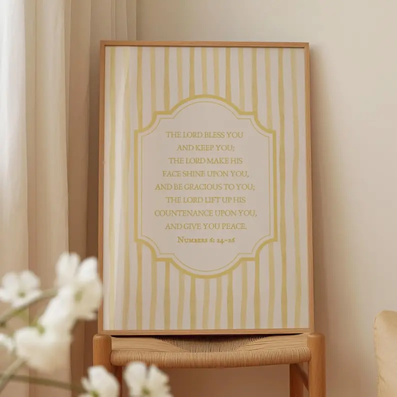 The Lord Bless You Yellow Christian Wall Art Vintage Coastal Stripes Modern Kids Bible Verse Poster Nursery Decor Print