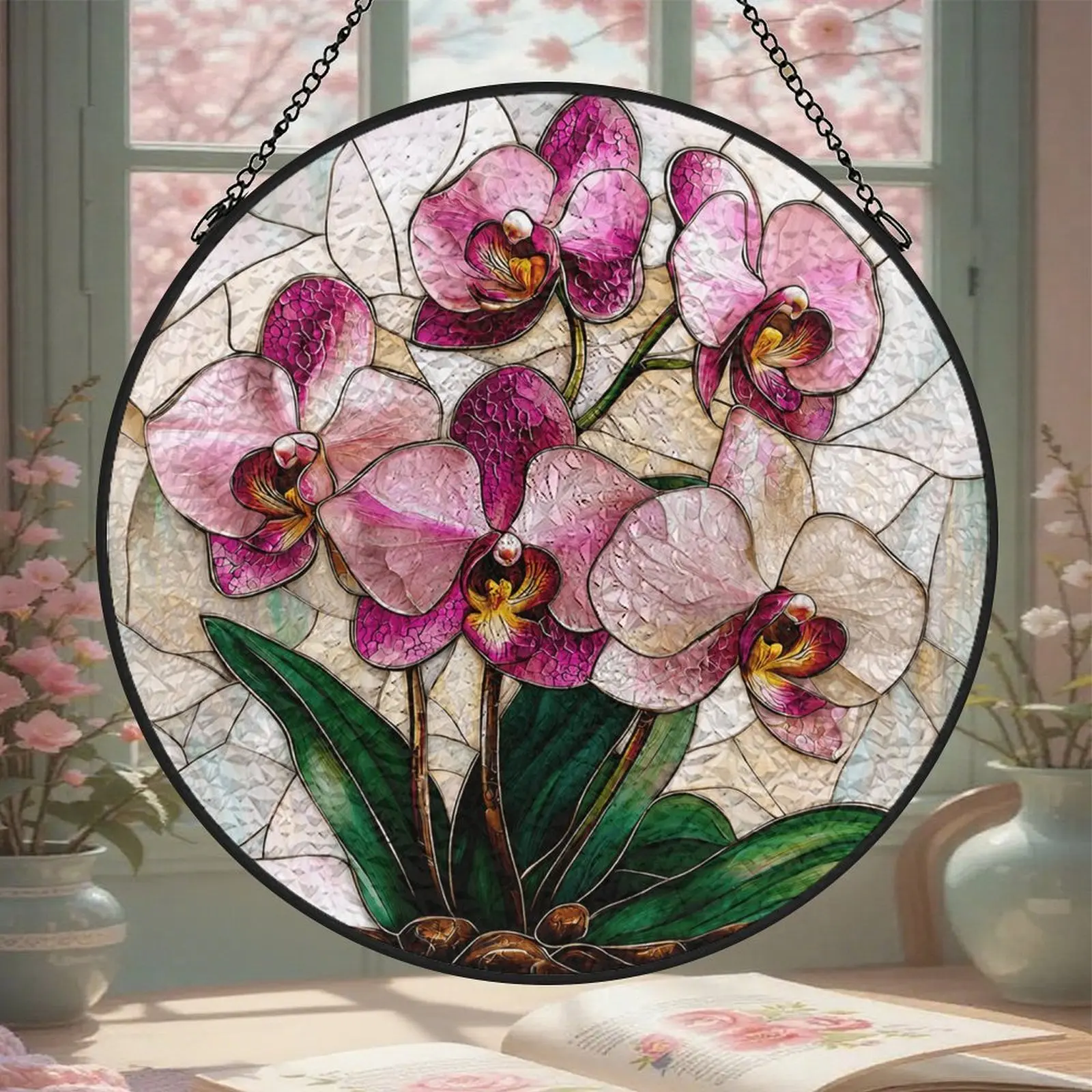 Metal Stained Glass Window Hanging - Pink Purple Phalaenopsis Floral Decor, 3.5in/6.3in/7.8in Hangable Decoration, Home Door Kitchen Room Stained Glass Hanging Decor, Ideal Gift for Women on Christmas Mother's Day
