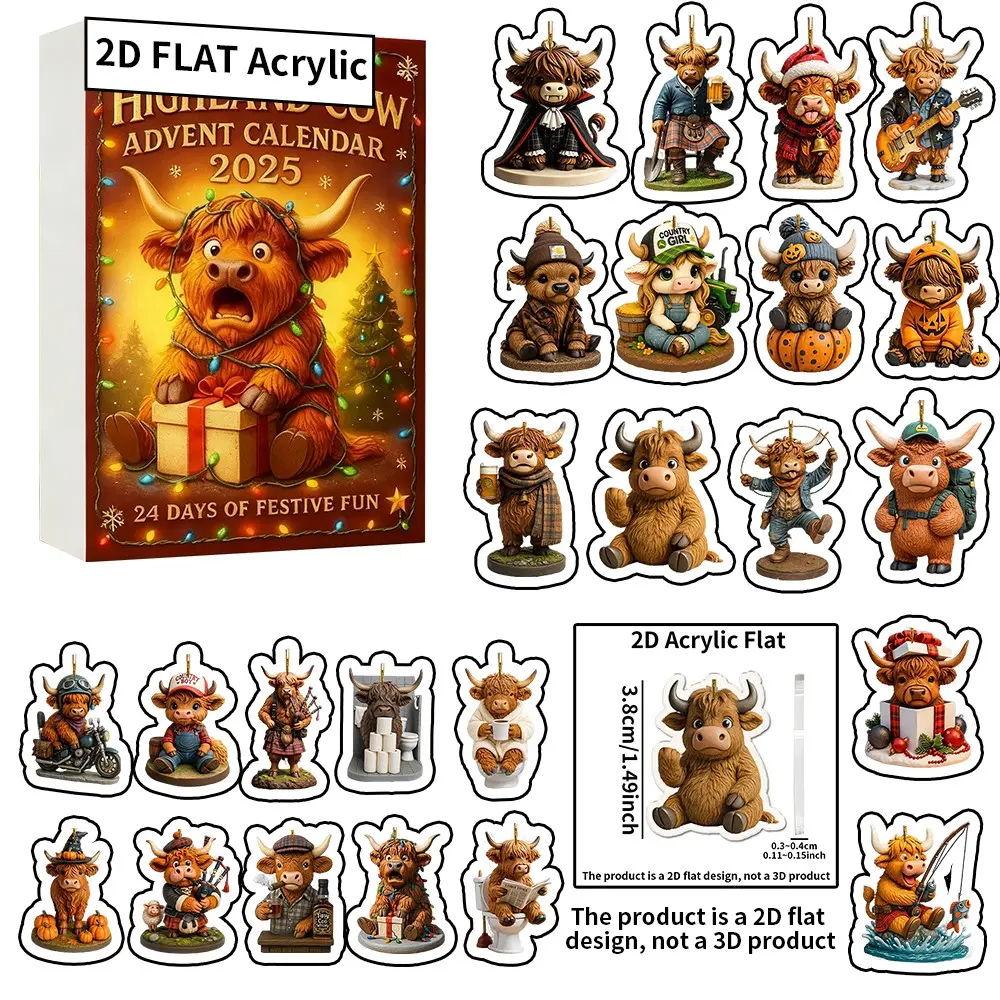 2D Flats Highland Cow Advent Calendar, Christmas Countdown Miniature, Collectible Home Decoration, Highland Cow Theme Gift, Holiday Decor