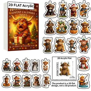 2D Flats Highland Cow Advent Calendar, Christmas Countdown Miniature, Collectible Home Decoration, Highland Cow Theme Gift, Holiday Decor